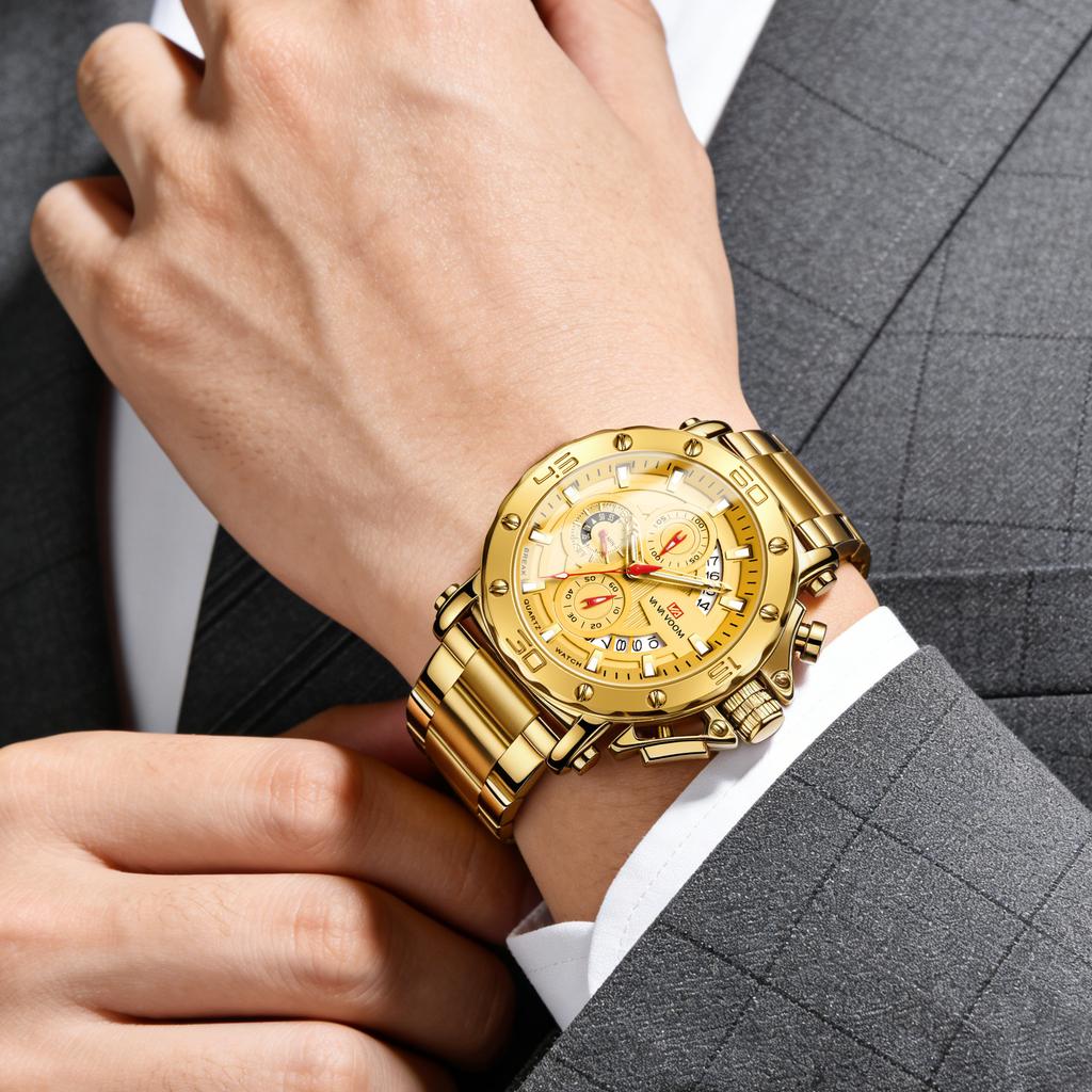 Men Multifunctional Sports Timing 46mm Clock Silver Stainless Steel Strap Fashion Luminous Dial Waterproof Quartz Watch for Men
