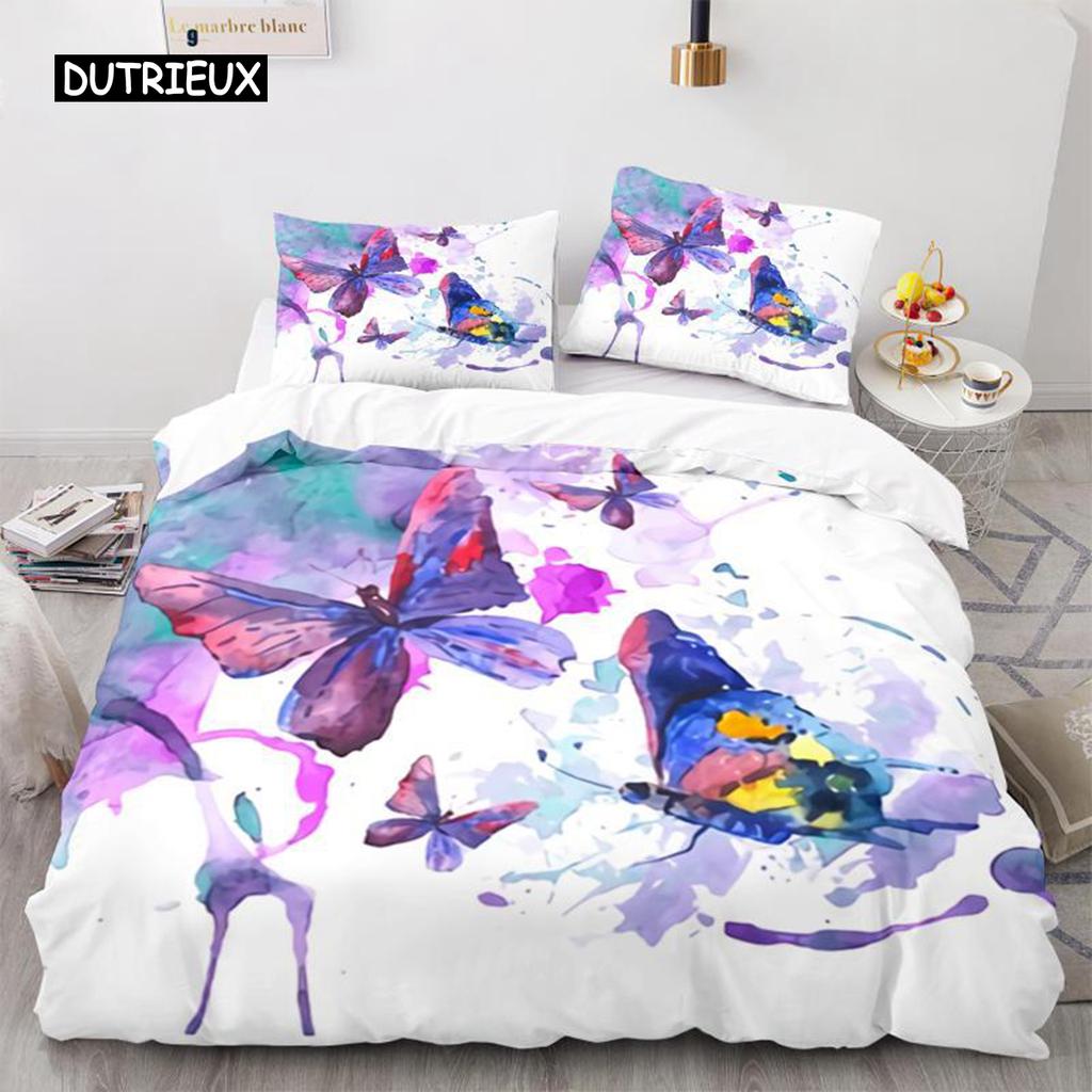 Butterfly Duvet Cover Set Blue Butterflies And Dragonfly Design White Twin Bedding Set For Kids Teen Girl Microfiber Quilt Cover