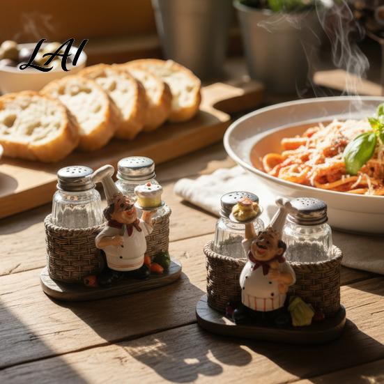 Pepper Shaker Salt And Shakers Set Decorative Resin Chef Statue Spice Bottles Organizer Glass Seasoning Holder for Kitchen Dining Centerpiece