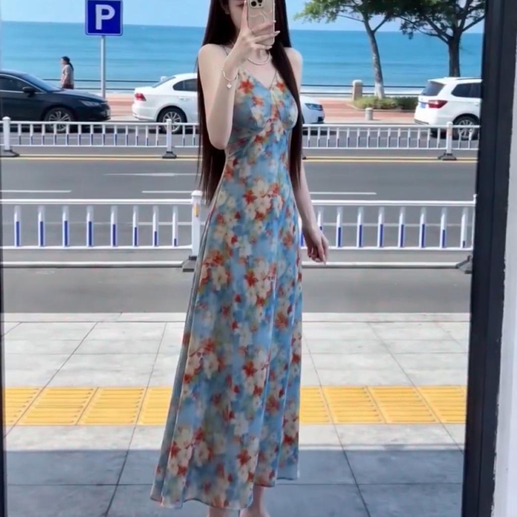 French blue floral suspender dress children's summer 2026 new seaside vacation wear beautiful waist skirt