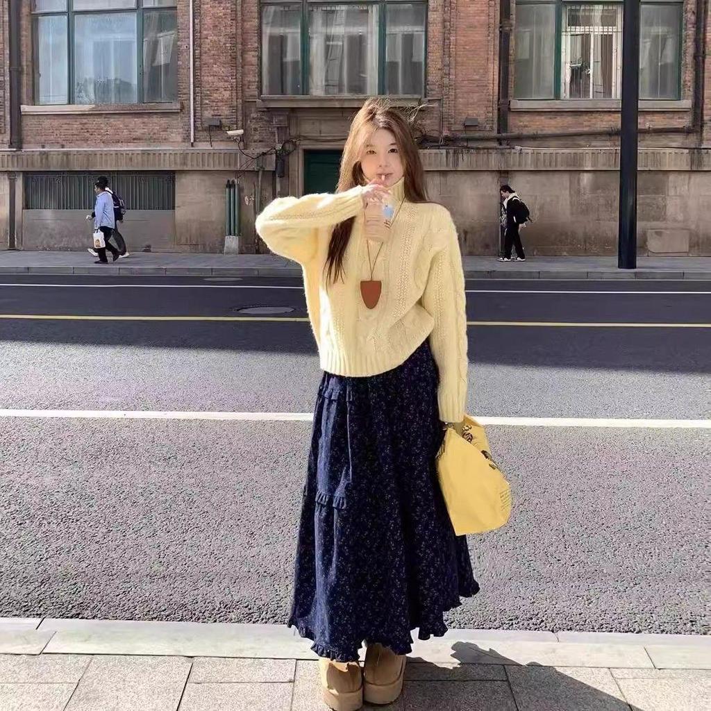 Douyin Purple Floral Retro High-Waisted Mid-Length Skirt - Autumn/Winter Slimming Cake Style