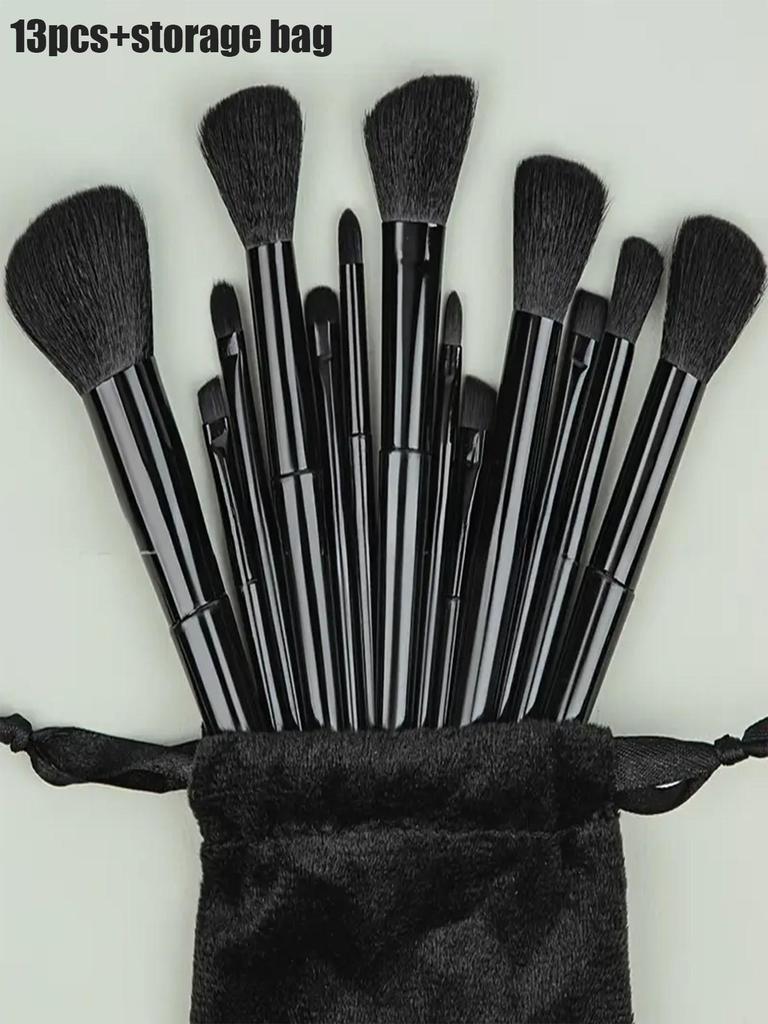 Kompaktowy zestaw 13 pędzli do makijażu: Czarno-Białe, Miękkie Włosie do Podkładu, Cieni do Powiek, Brwi i Korektora.