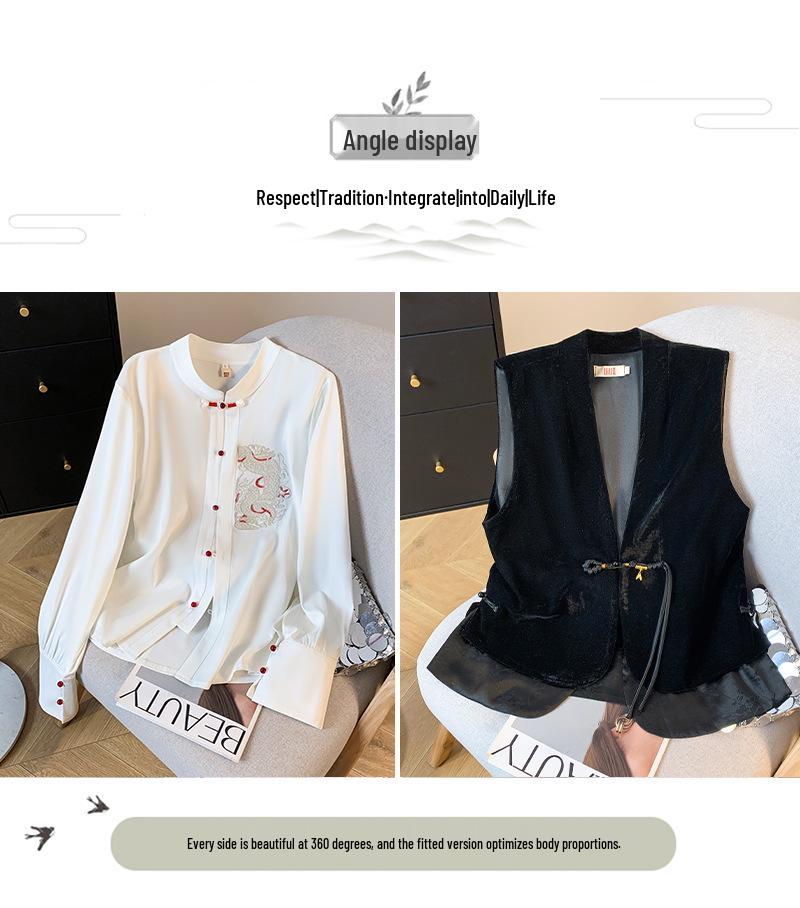 Elegant Embroidered Gold Velvet Stand Collar Waistcoat