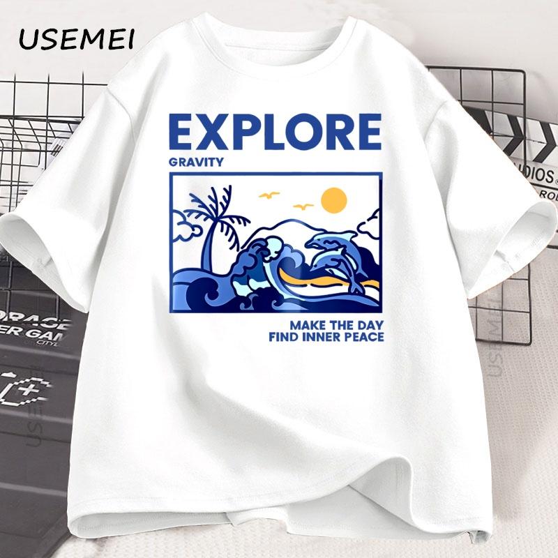 Men's Summer Explore Gravity T-shirt Cotton Fashionable Casual Loose T Shirt Pattern Printed Round Neck Short Sleeved T-shirts