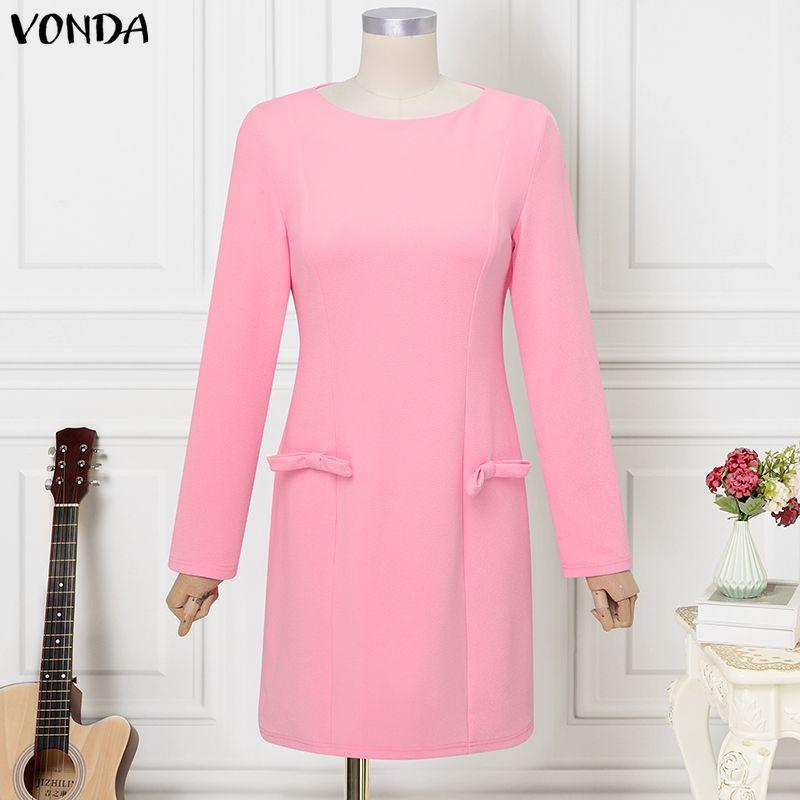 

VONDA Элегантное женское повседневное мини-платье с круглым вырезом, длинными рукавами и облегающим силуэтом по талии. 2XL розовый