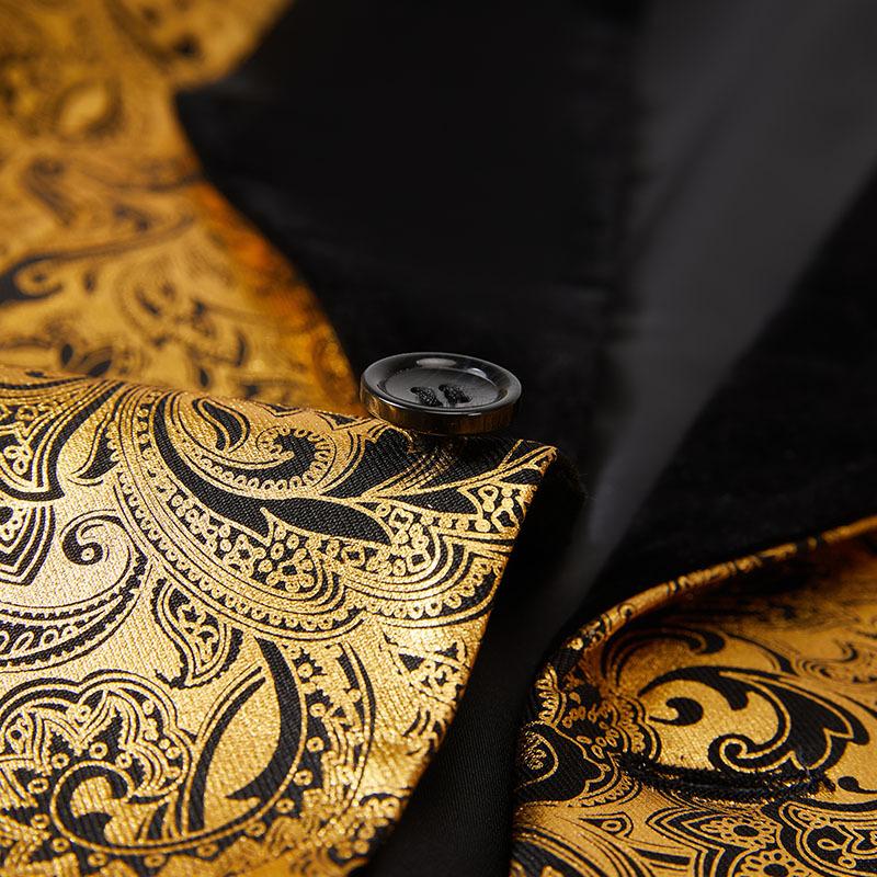 Pánský luxusní dvoudílný oblek s ražbou ve zlaté barvě, sako a vesta