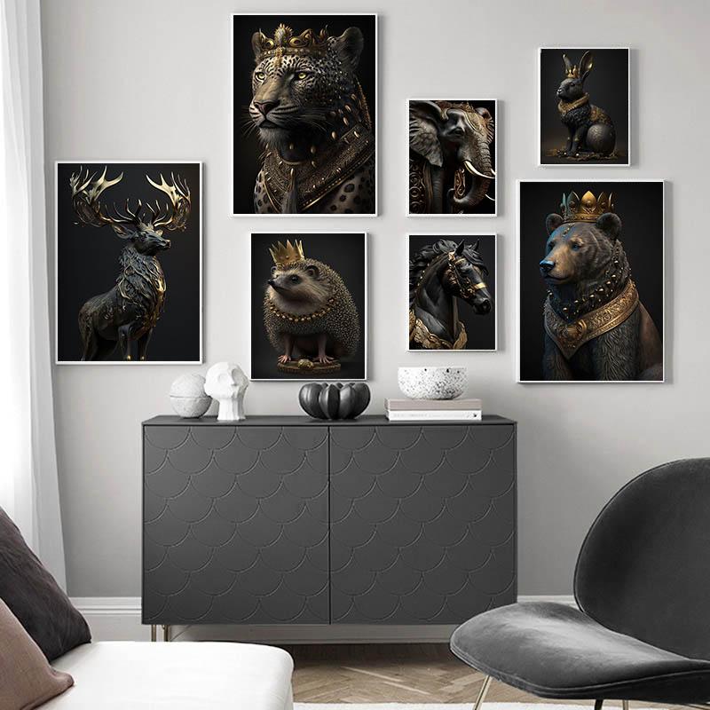 Black Gold Animals King Gorilla Lion Posters Prints Rabbit Elephant Canvas Paintings Wall Art Picture for Living Room Home Decor