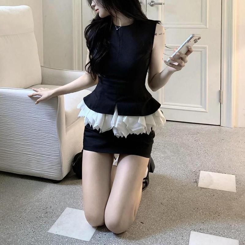 Womens 2-Piece Set Sleeveless Ruffle Fitted Top High Waist Slim Skirt Commute Outfit