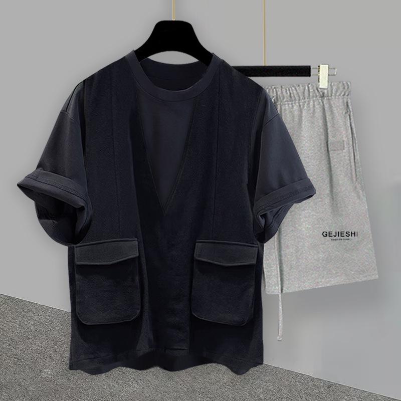 Unisex Workwear Faux Two-Piece Round Neck T-shirt & High-Grade Casual Shorts Set