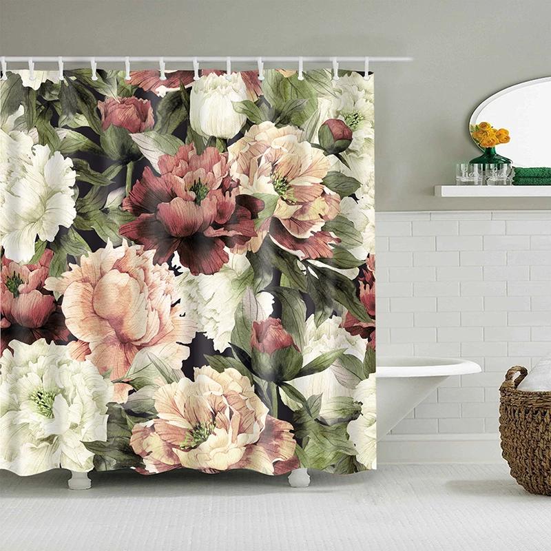 Boho Floral Shower Curtain, Hawaii Tropical Leaves Flower Bath Curtain Botanical Nature Summer Bathroom Decor Curtain with Hooks