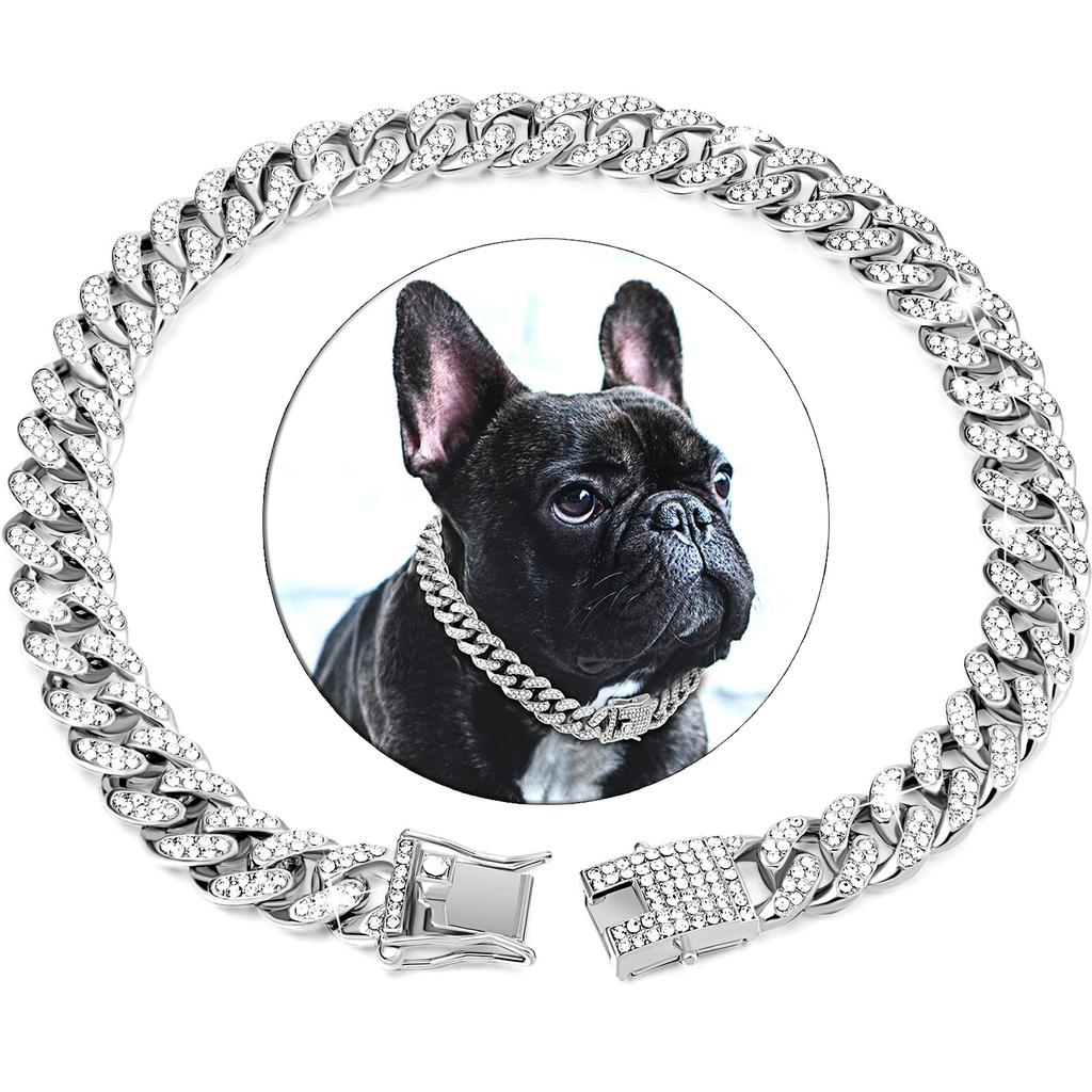 Pet Dog Collar Cat Cuban Chain Diamond Walking Metal Chain Collar with Design Secure Buckle Jewelry Accessories Cuban Collar