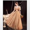 Banquet Evening Dress Gold New Bride Photo Tutu Long Chorus Performance Bubble Sleeve Dress