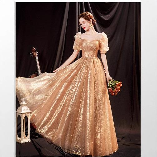 Banquet Evening Dress Gold New Bride Photo Tutu Long Chorus Performance Bubble Sleeve Dress
