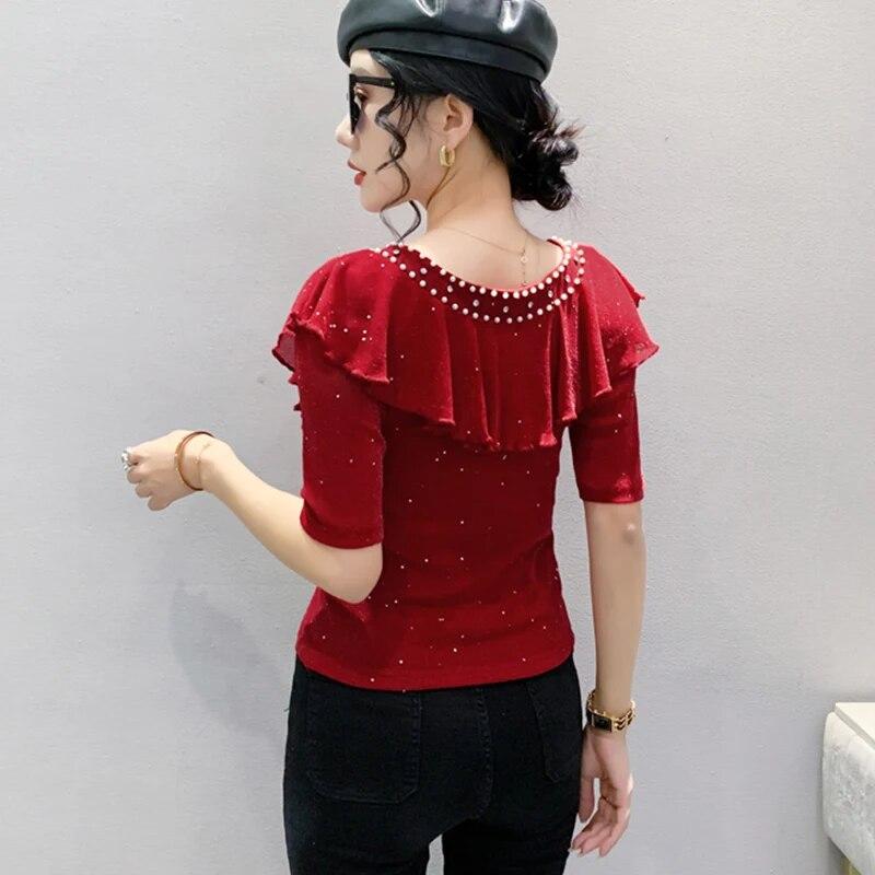 New Summer European Style Cotton T-Shirt Chic Sexy V-Neck Hollow Out Shiny Beads Women Tops Short Sleeve Ruffles Tees