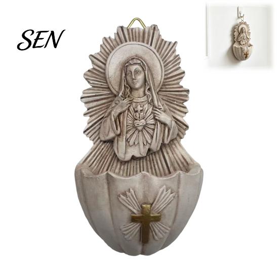 Religious Theme Decorations Sacred Heart of Mary Holy Water Font, Vintage Resin Church Soft Furnishings Basin Wall Hanging, Catholic Decor Ornament