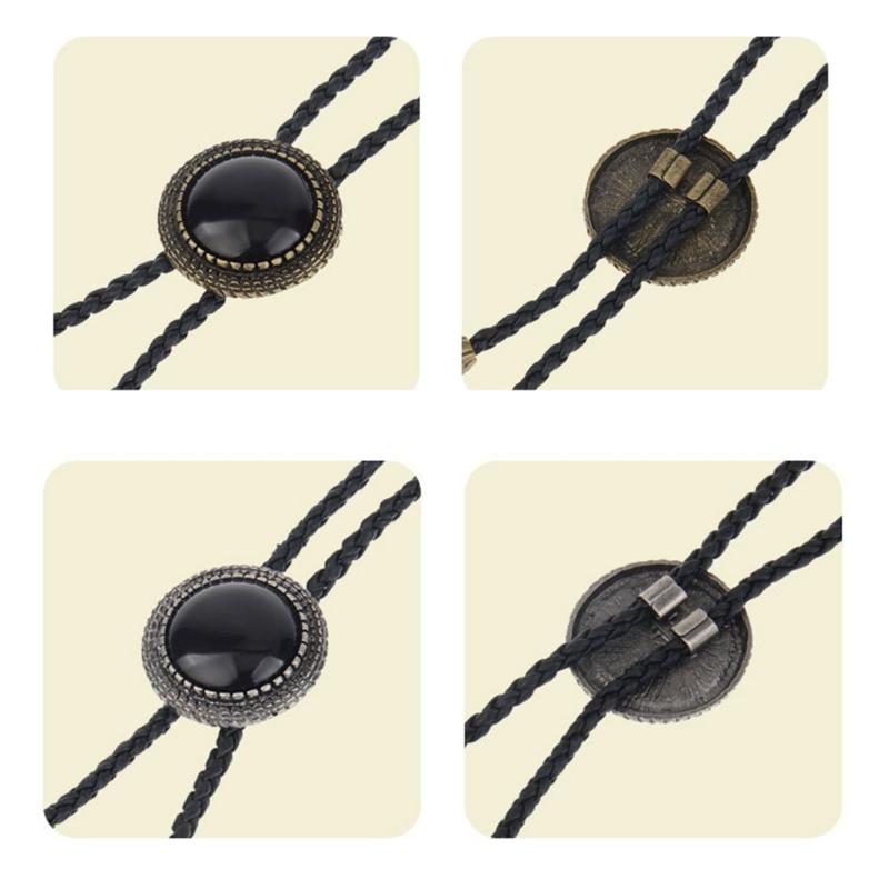 Handmade Vintage Bolo Tie for Women Mens Western Cowboy Leather Rope Necktie with Round Stone Pendant Jewelry Necklace