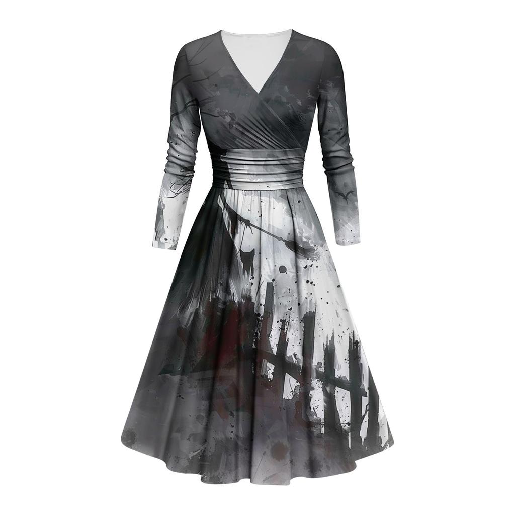 Kvinners mote V-hals Ruffle Langermet Halloween Print Slim Fit Gown Casual Dress