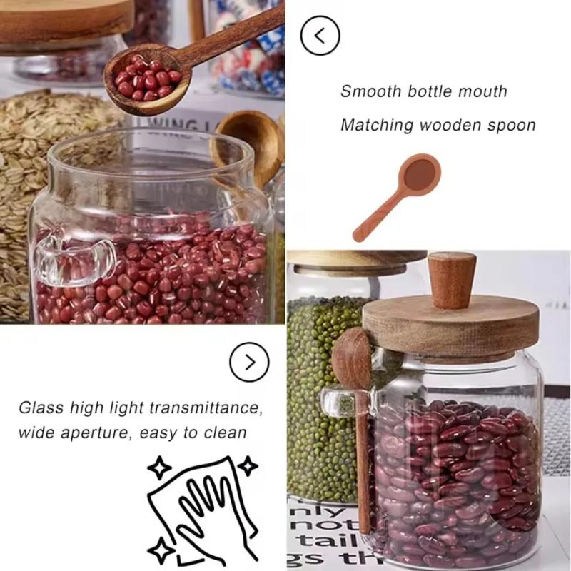 Food Storage Container Glass Jar with Wooden Lid & Scoop Grain Spice Coffee Bean