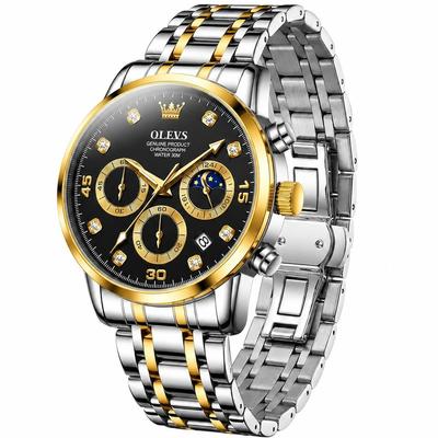 Men's Chronograph Watch Black Stainless Steel Band 30M Water-Resistant Quartz Large Dial Calendar Luminous