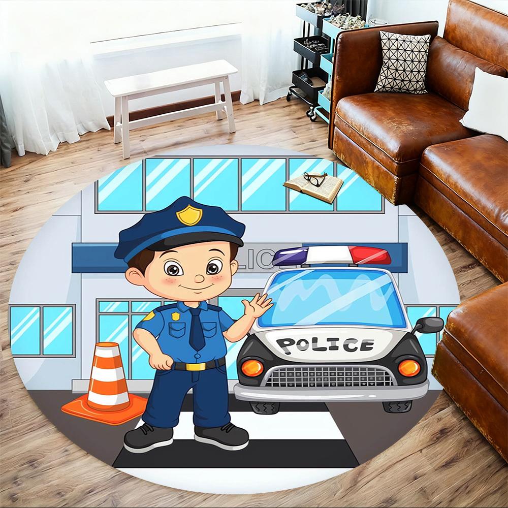 1pc Police OfficerPolice Car Round Chair mat Area Rug - Non-Slip, Floor Mat for Office, Bedroom, home decor Christmas Gift p0811434