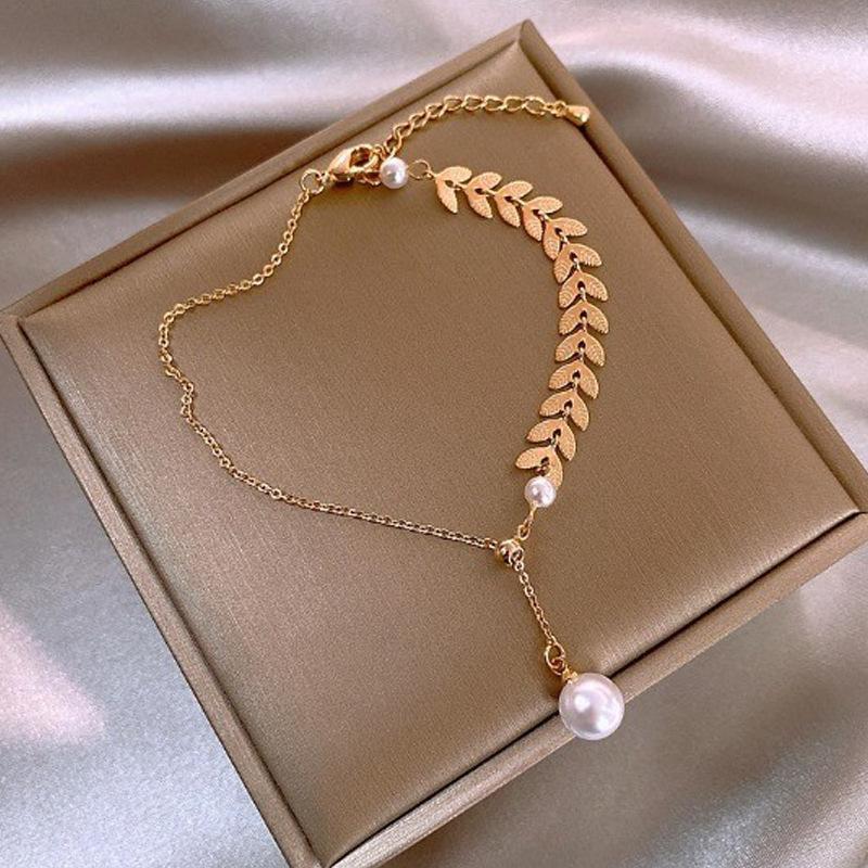 

JWER Simple Wheat Ear Pearl Bracelet Necklace Earrings Jewelry Set for Women Temperament Lucky Gold Color Bracelet Charm Jewelry