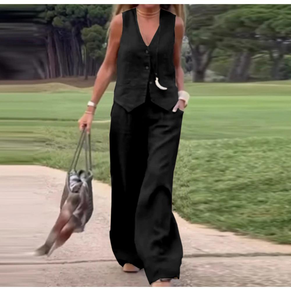 

JPNTKY Повседневный и модный однотонный комплект из жилета и длинных брюк, комплект из двух предметов в стиле коллаж и пэчворк XXXXXL чёрный