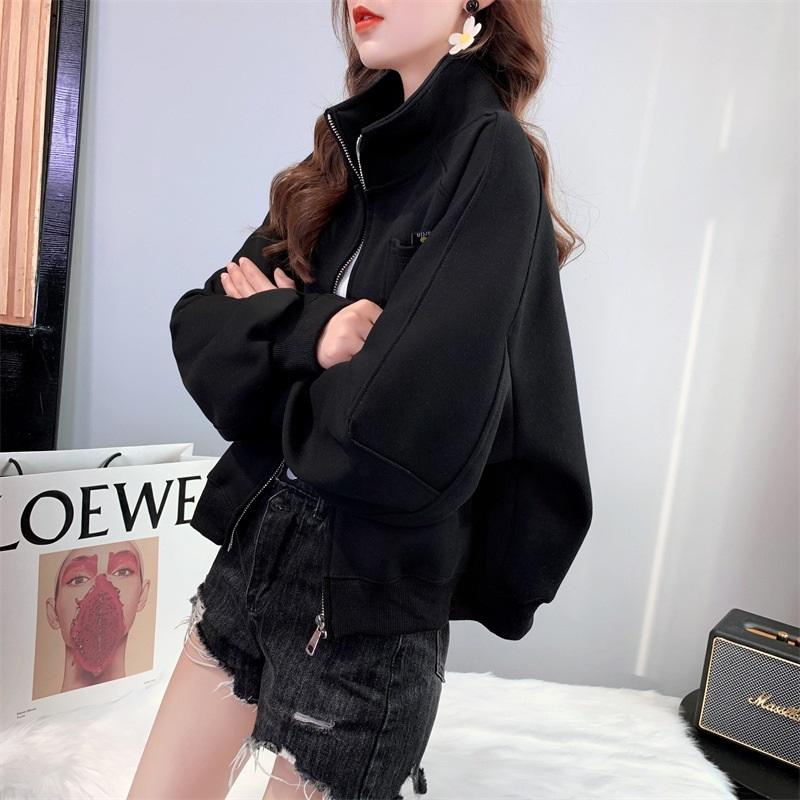 Korean Style Oversized Zip-Up Sweatshirt Women s Short Stand Collar Jacket Casual Loose Long Sleeve Outerwear For Daily Wear L