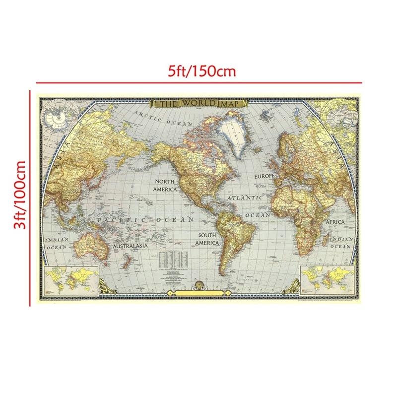 Vintage 1943 World Map Poster Retro Antique Globe Art Print Large Canvas Wall Map Educational Travel Map for Home Office School Wall Decor