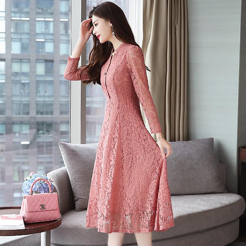 Autumn Lace Slim Fit Solid Color Long-Sleeve Plus Size Dress for Women
