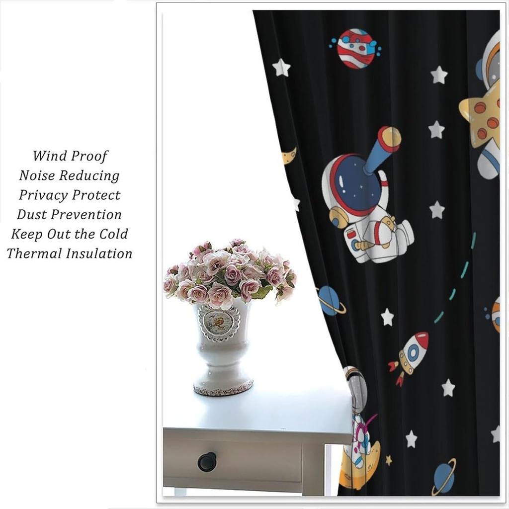 Outer Space Curtains Cartoon Astronaut Rocket Planets Stars Spaceman Universe Galaxy Print Window Kids Boys Made Of Polyester