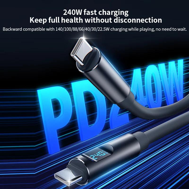 240W PD Fast Charging Type‑C Cord with Power Display, 480Mbps High‑Speed Data Transfer Cable for iPhone 15 16 17, Samsung & Huawei Phones