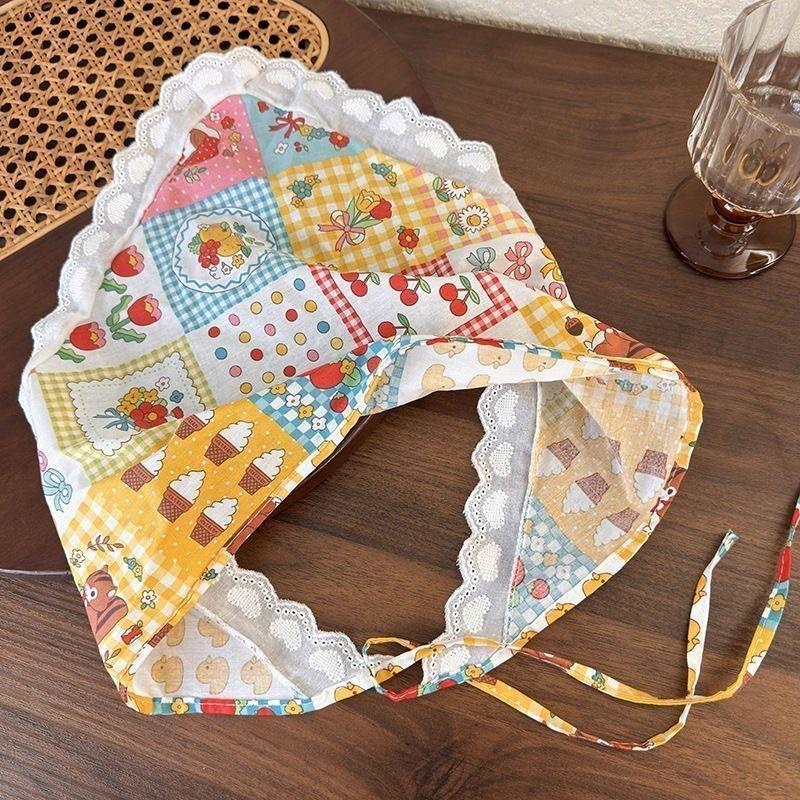 2025 Pastoral Style Lace Triangle Scarf & Plaid Ribbon Hairband