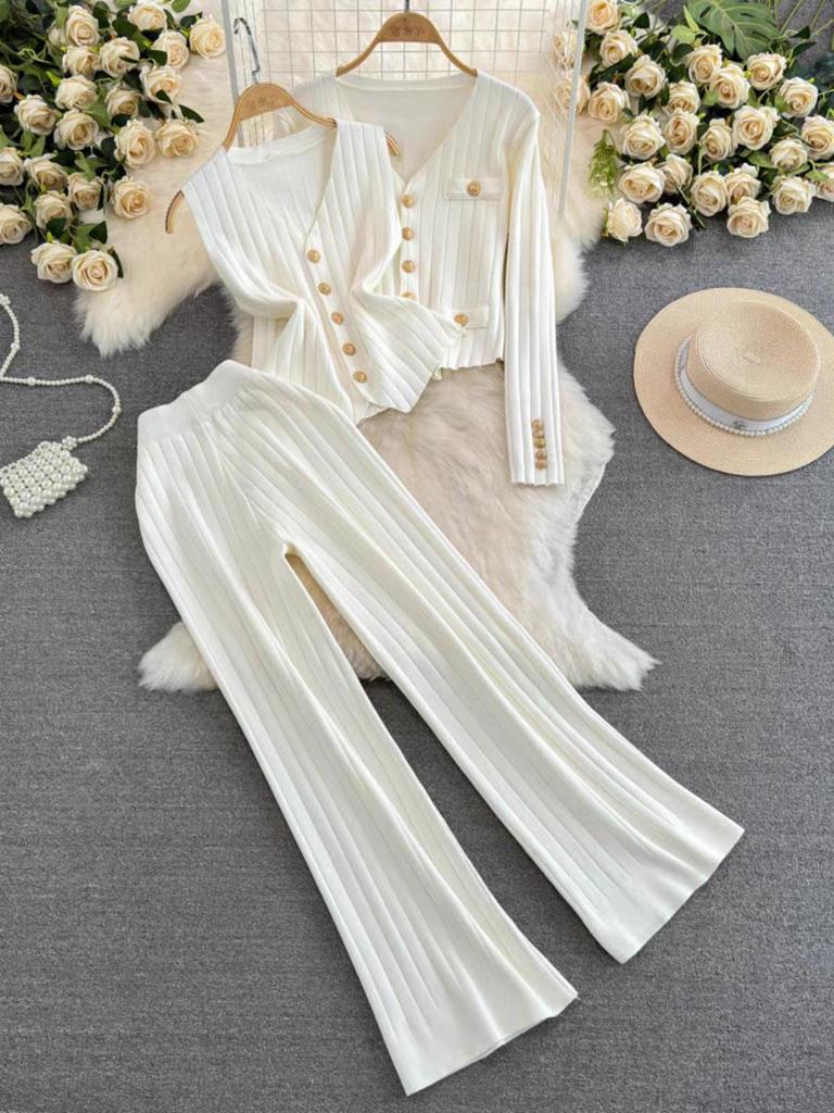 Spring & Autumn Long-Sleeve Knit Sweater with Split Wide-Leg Pants Two-Piece Set