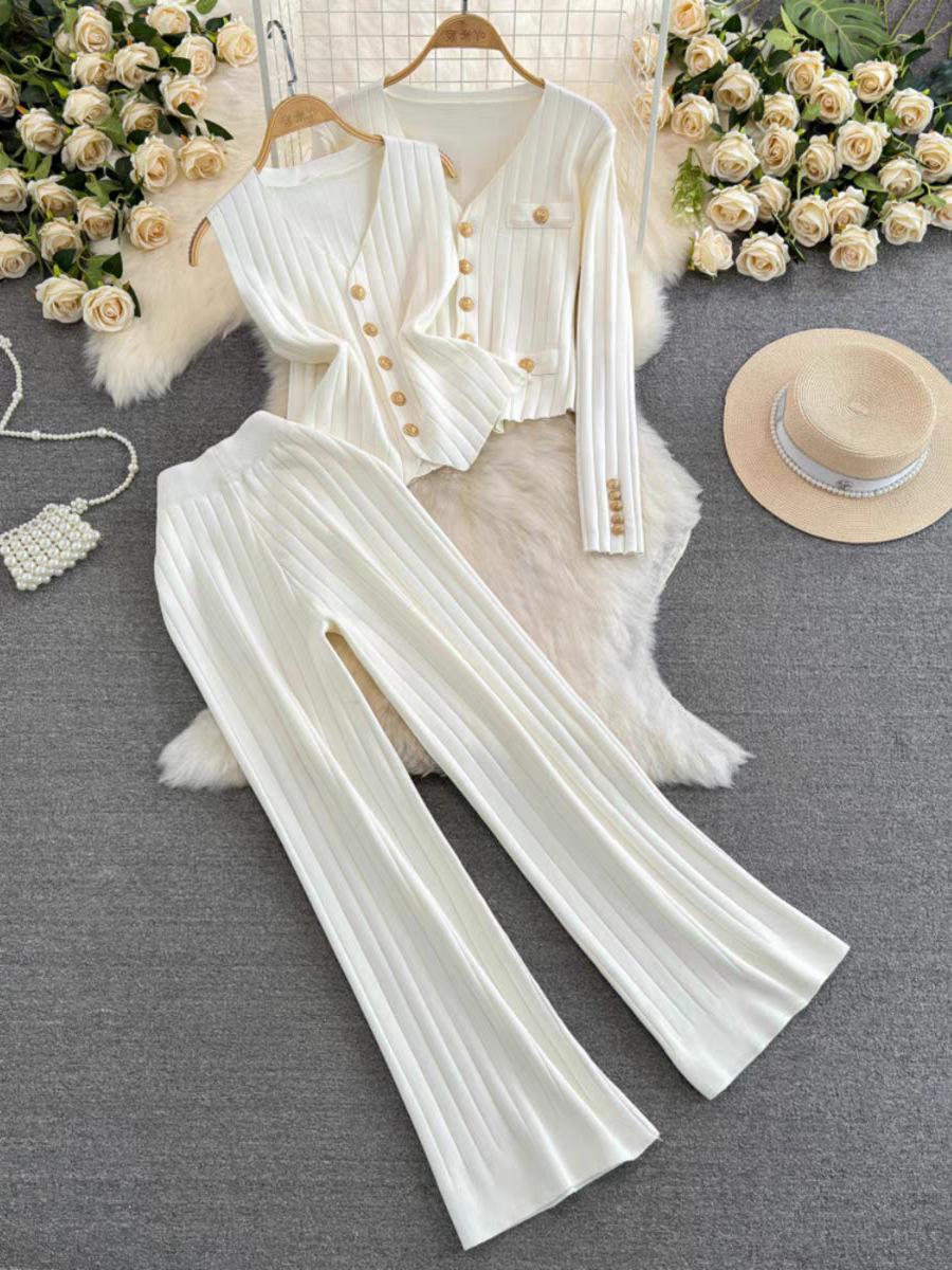 

Весенне-осенний трикотажный свитер с длинными рукавами и широкими брюками, комплект из двух предметов One Size белый