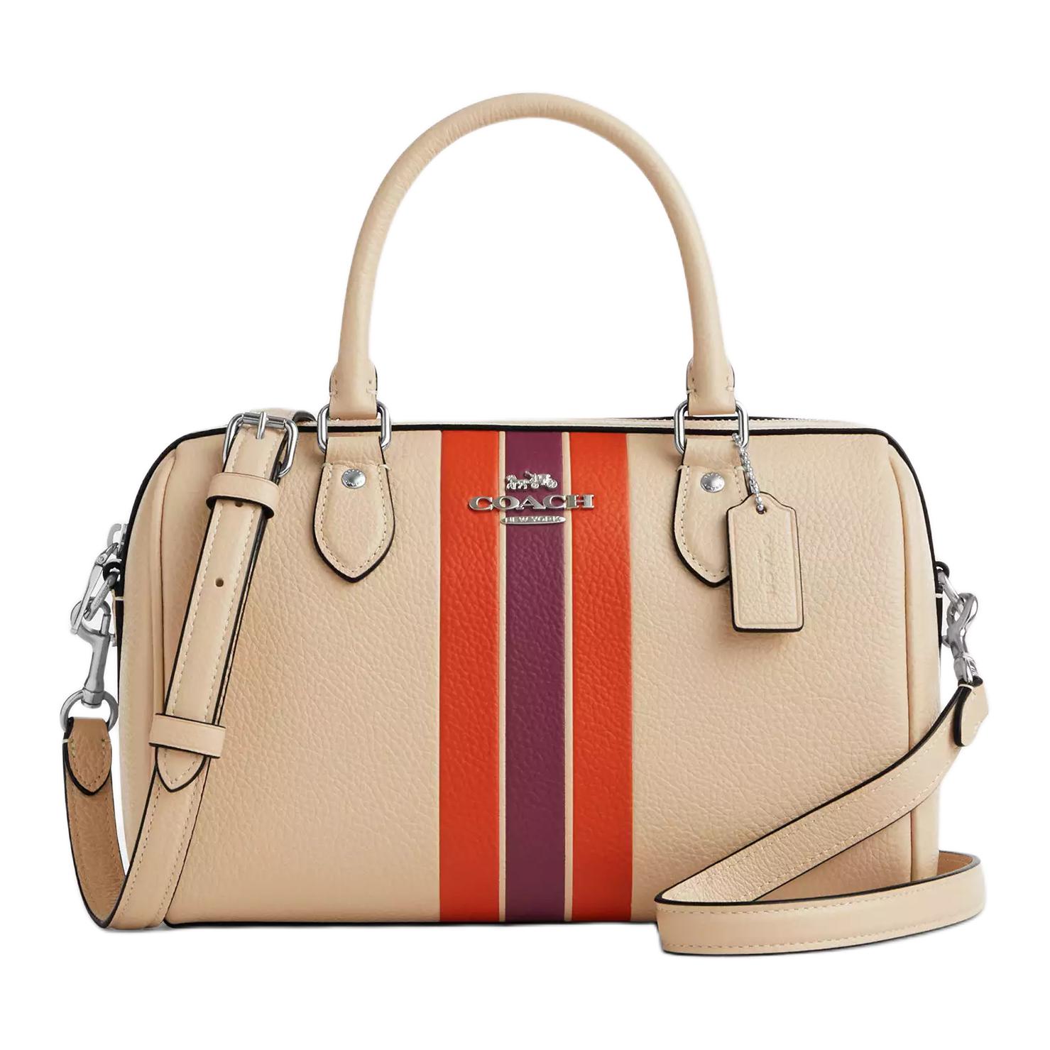 

Coach Rowan 26 Striped Design Adjustable Detachable Shoulder Strap Leather Shoulder Tote Bag Medium Women handbags Silver Ivory Multicolor CAO70-SVIO Basic Set (Bag+Dust Bag)