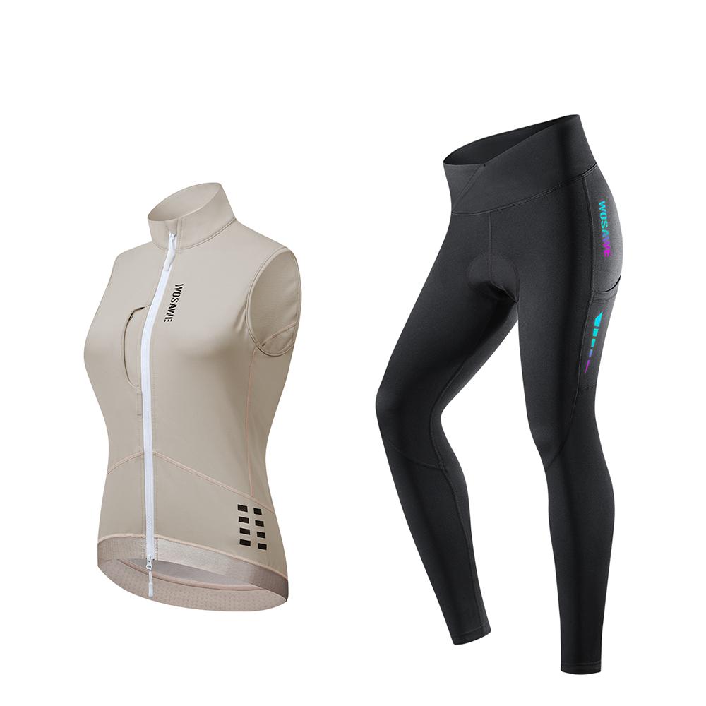 WOSAWE Fall/Winter Women's Windproof Fleece Sleeveless Warm Vest Reflective Silicone Cushion Padded Cycling Pants Road Bike Cycling Suit