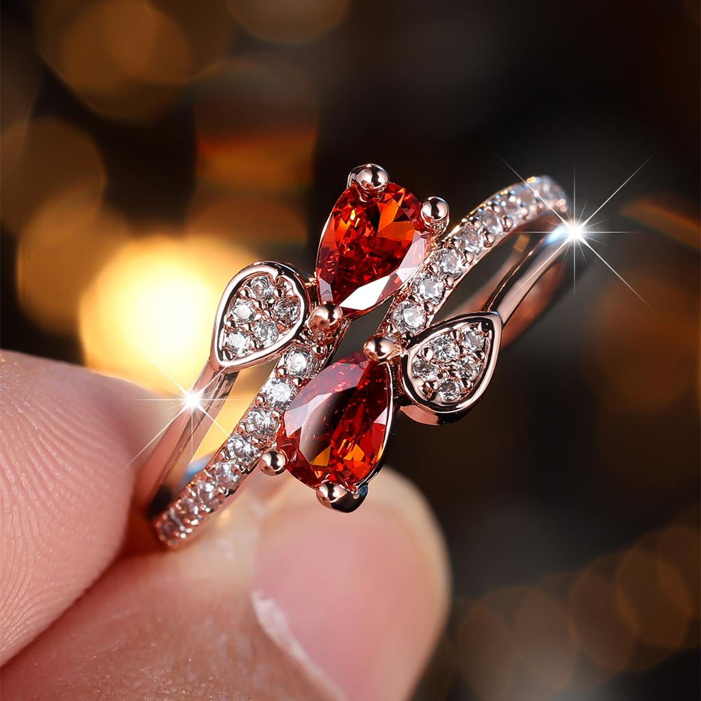 Cute Female Rose Red Zircon Stone Ring Gold Color Engagement Charm Wedding  For Women