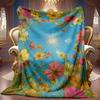 Cozy Fleece Blanket Featuring a Vibrant Floral Design with a High-Definition Digital Print of Colorful Flowers Against a Blue Sky. Ideal for All Seaso