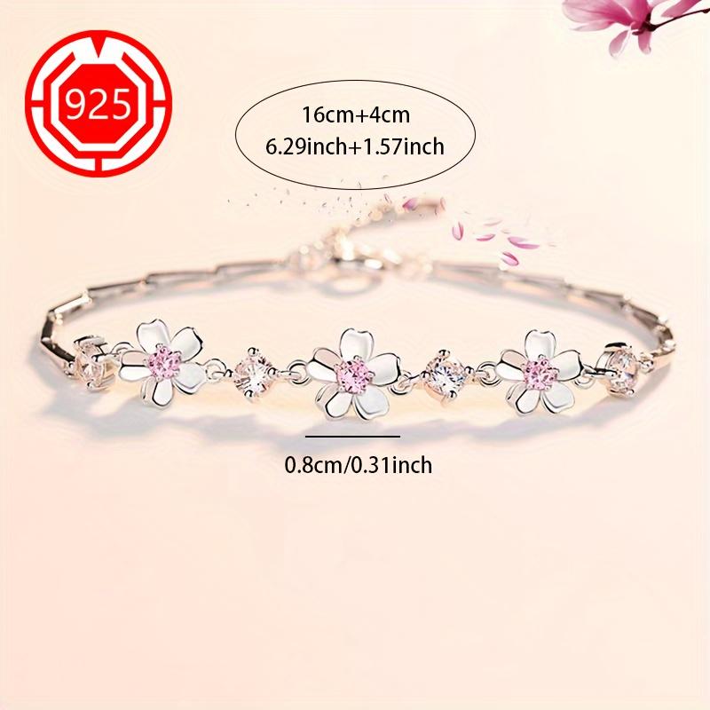 Exquisite 925 sterling silver cherry blossom bracelet with natural gemstone floral design [Silver]]
