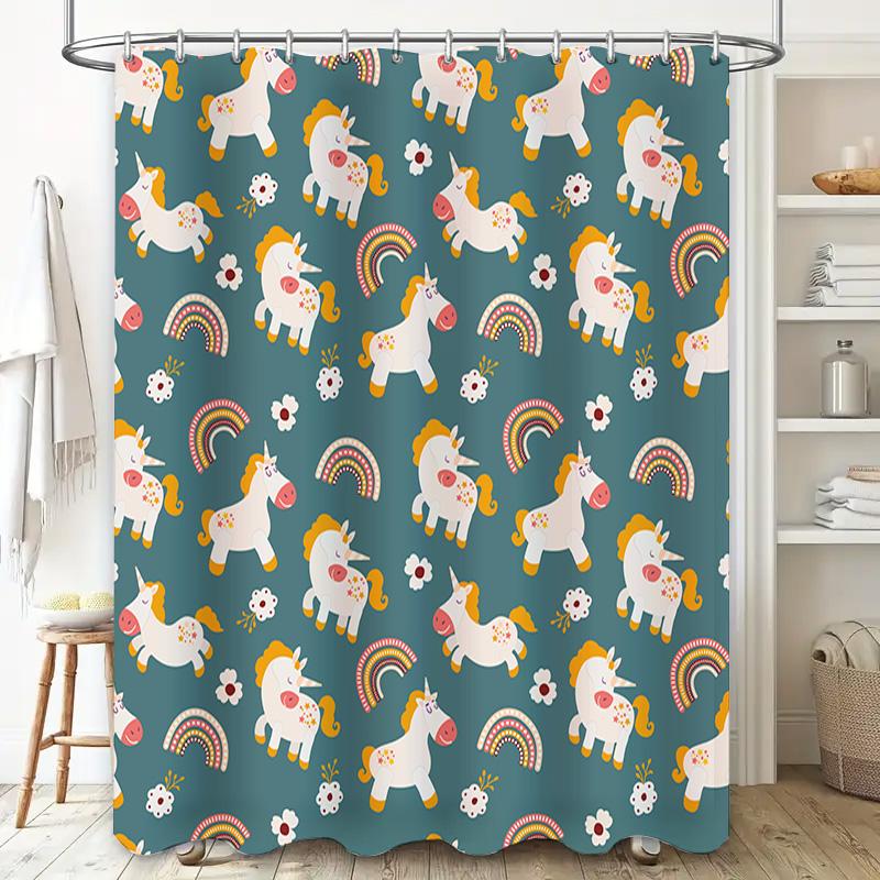 Cute Unicorn Shower Curtain Waterproof Fabric Home Decor Bathroom Supplies for Kids Room Multicolor (Green)