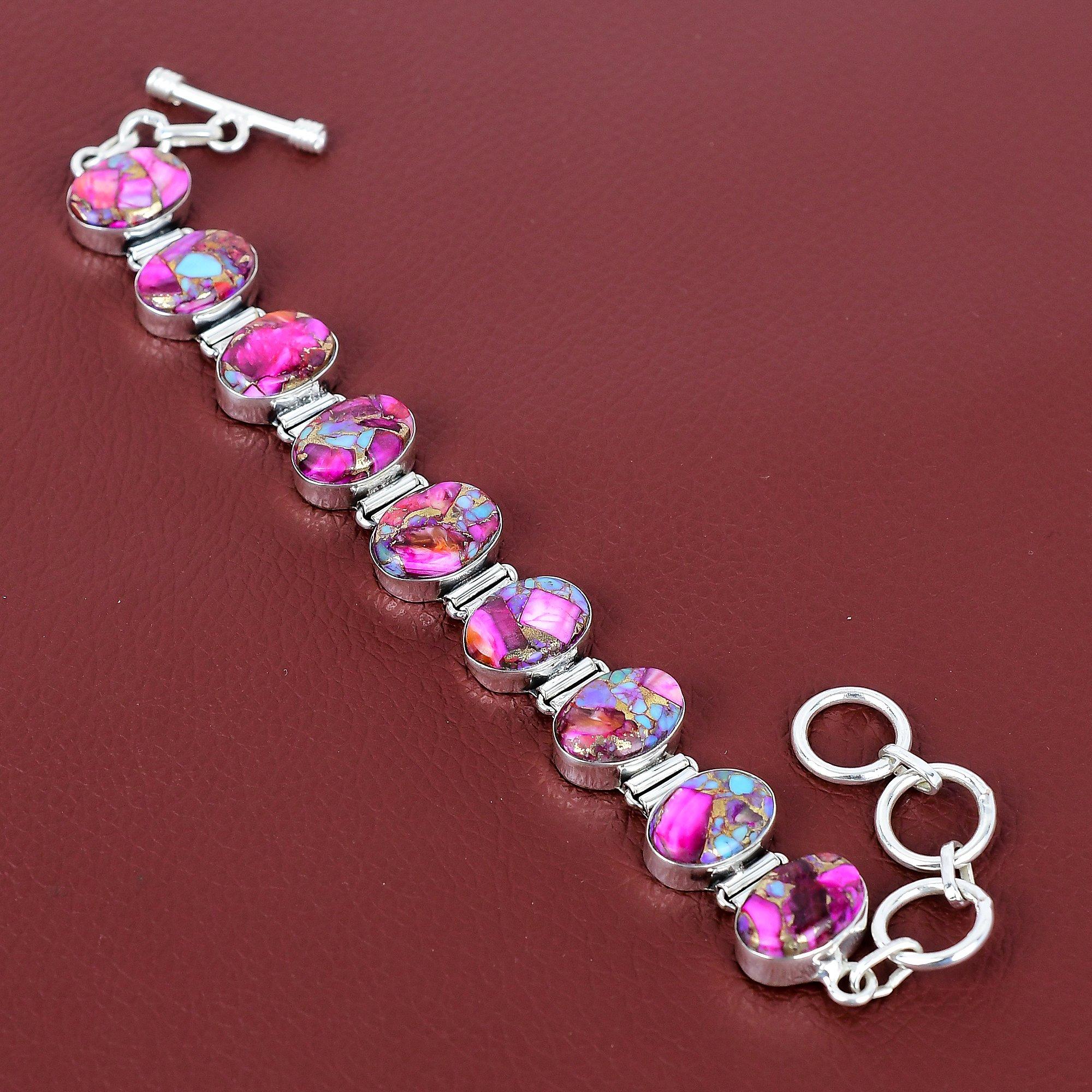 Natural kingman pink dahlia turquoise bracelet gemstone jewelry 925 sterling silver adjustable chain bracelet handmade jewelry gifts for mom Adjustable