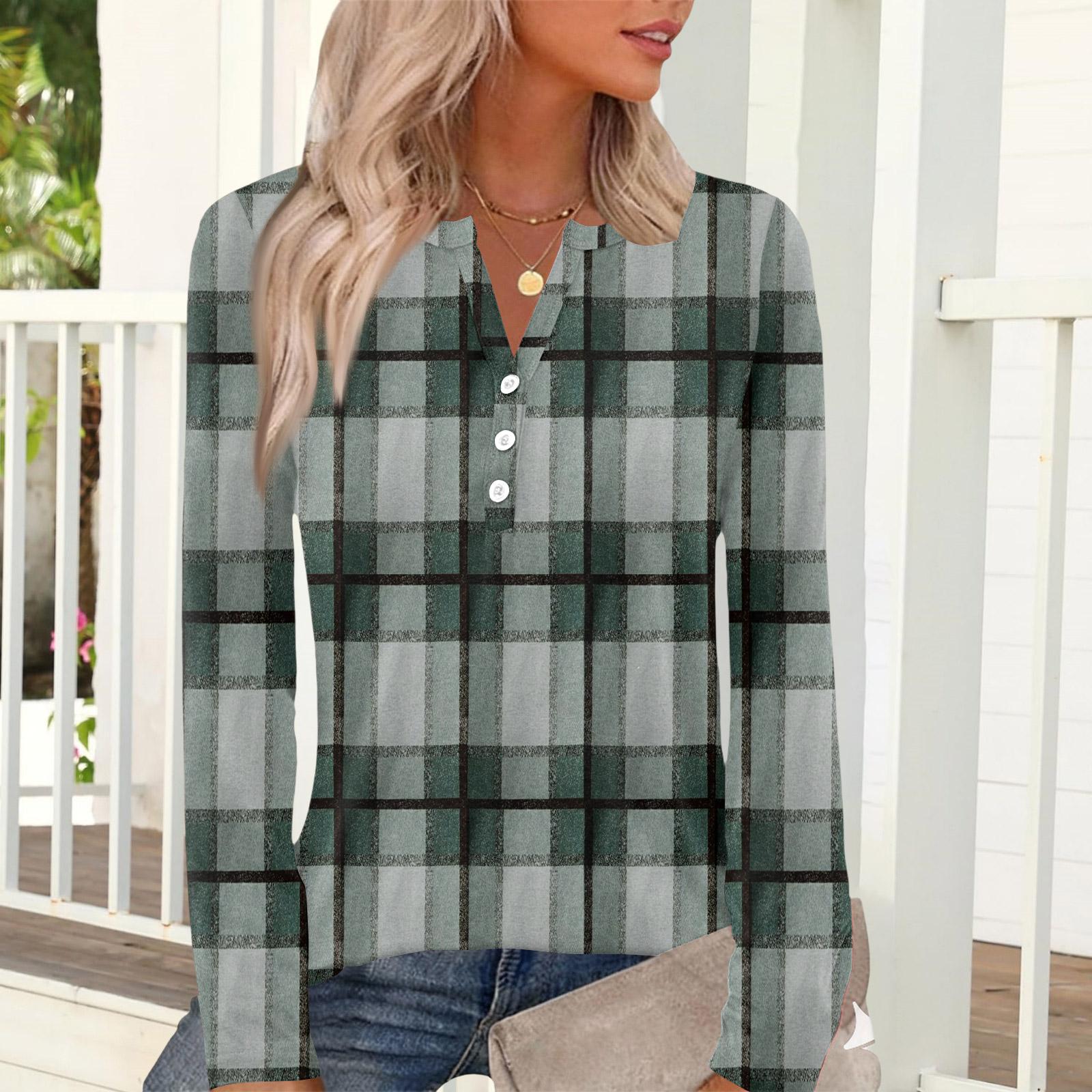 

Women s Casual And Fashionable T-shirt With Plaid And Striped Print, Round Neck And Long Sleeves. L