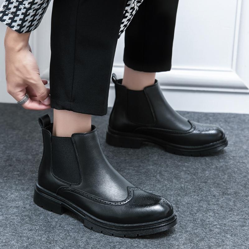 Luxury British Brogue Thick Work Chelsea High Top Casual Leather Mens Designer Business Dress Shoes for Men Ankle Boots Footwear