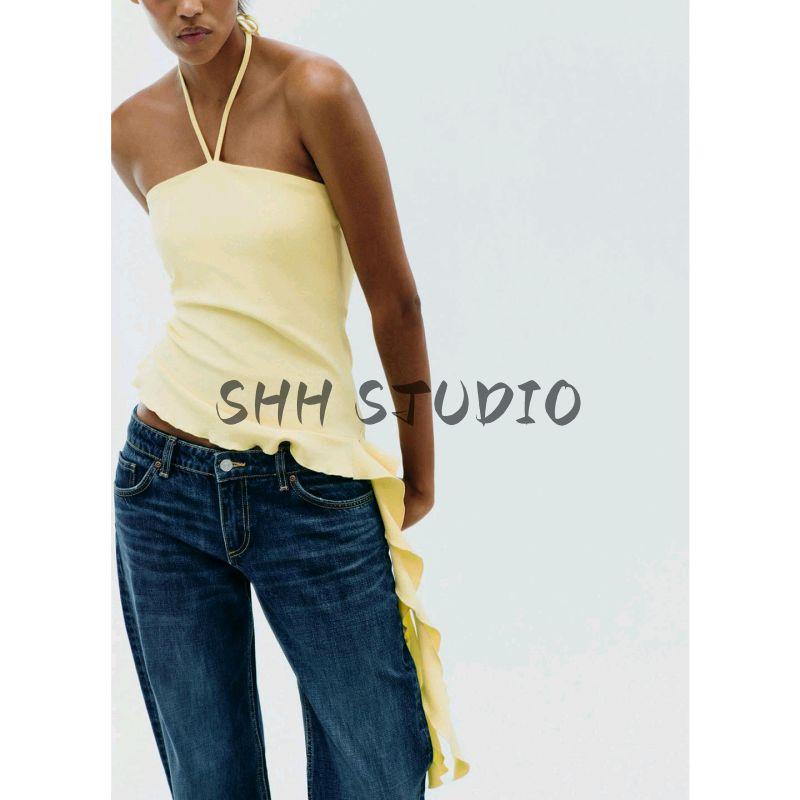 Summer New Product Women's Clothes Hanging Collar off-the-Shoulder Bow Shoelace Laminated Decoration Texture Tops 3641810