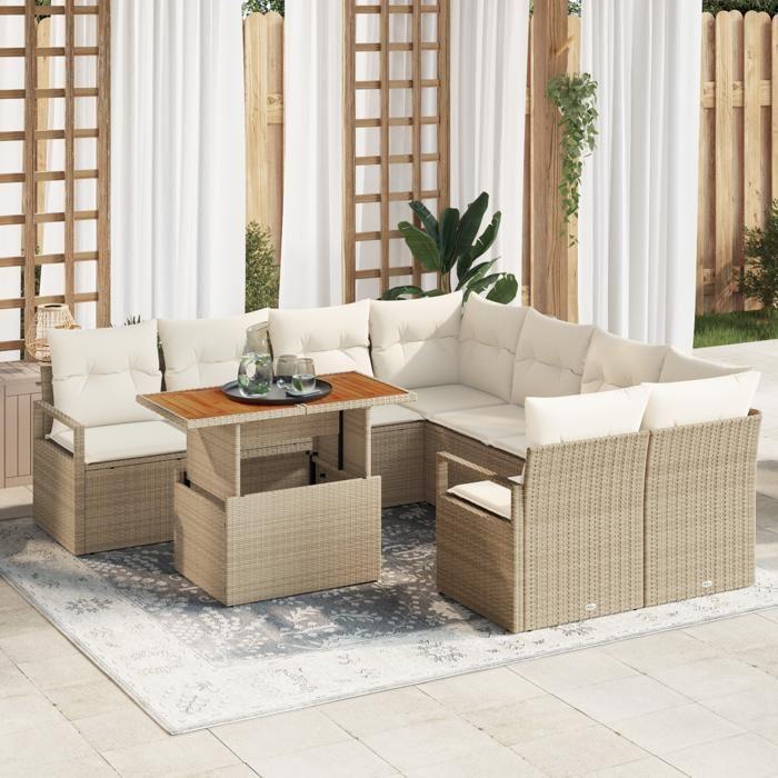 Ensemble de 9 pièces de canapé de jardin avec coussins beige en poly rattan, Canapé de jardin 2 places avec rangement et 3358430