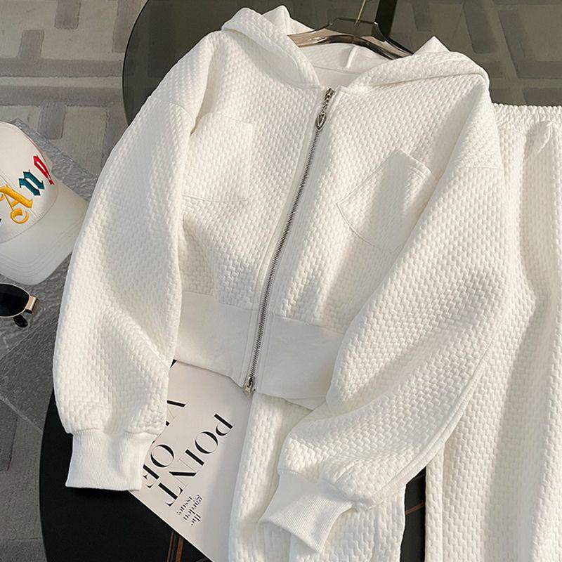 Korean Style White Hoodie & Wide-Leg Pants Set - Casual, Loose, Slimming Two-Piece for Women, Spring & Autumn Fashion