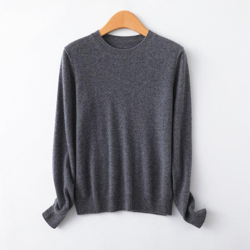 Women's Pure Cashmere Knit Pullover - Simple, Versatile Solid Color, Round Neck, Soft and Slimming Base Layer.