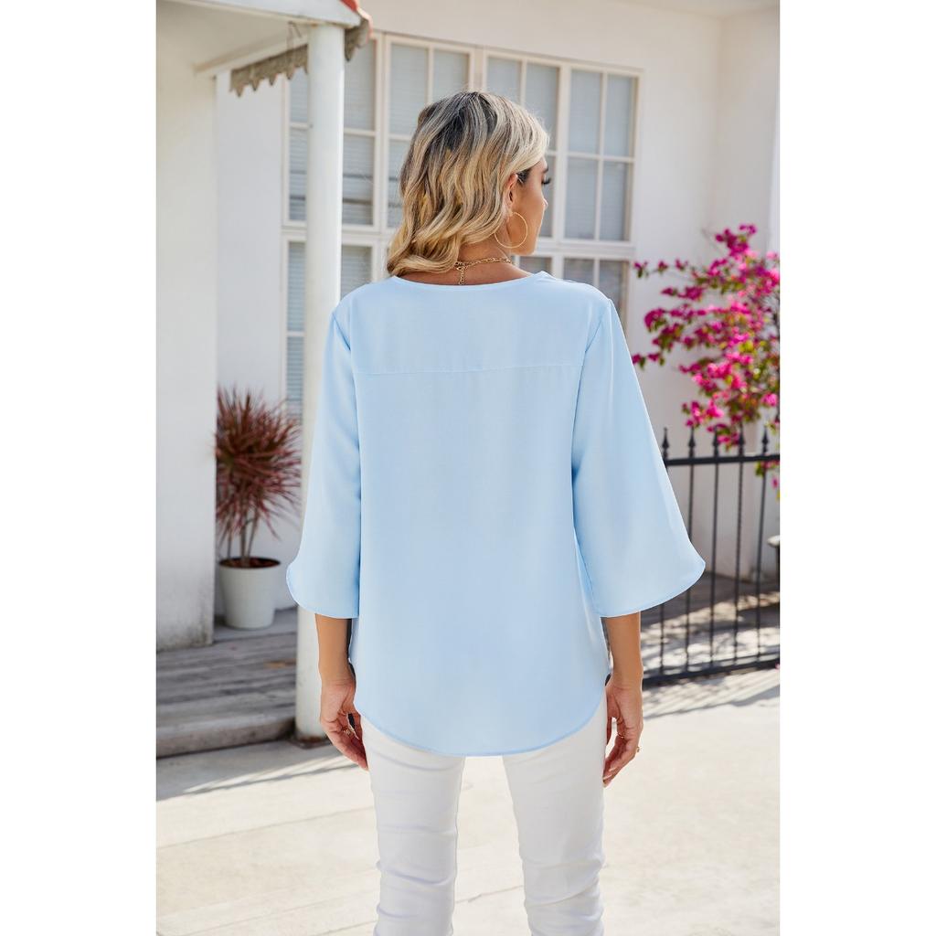 Spring Summer New Women's Solid Color V-Neck Mid Sleeve Loose Chiffon Blouse Top