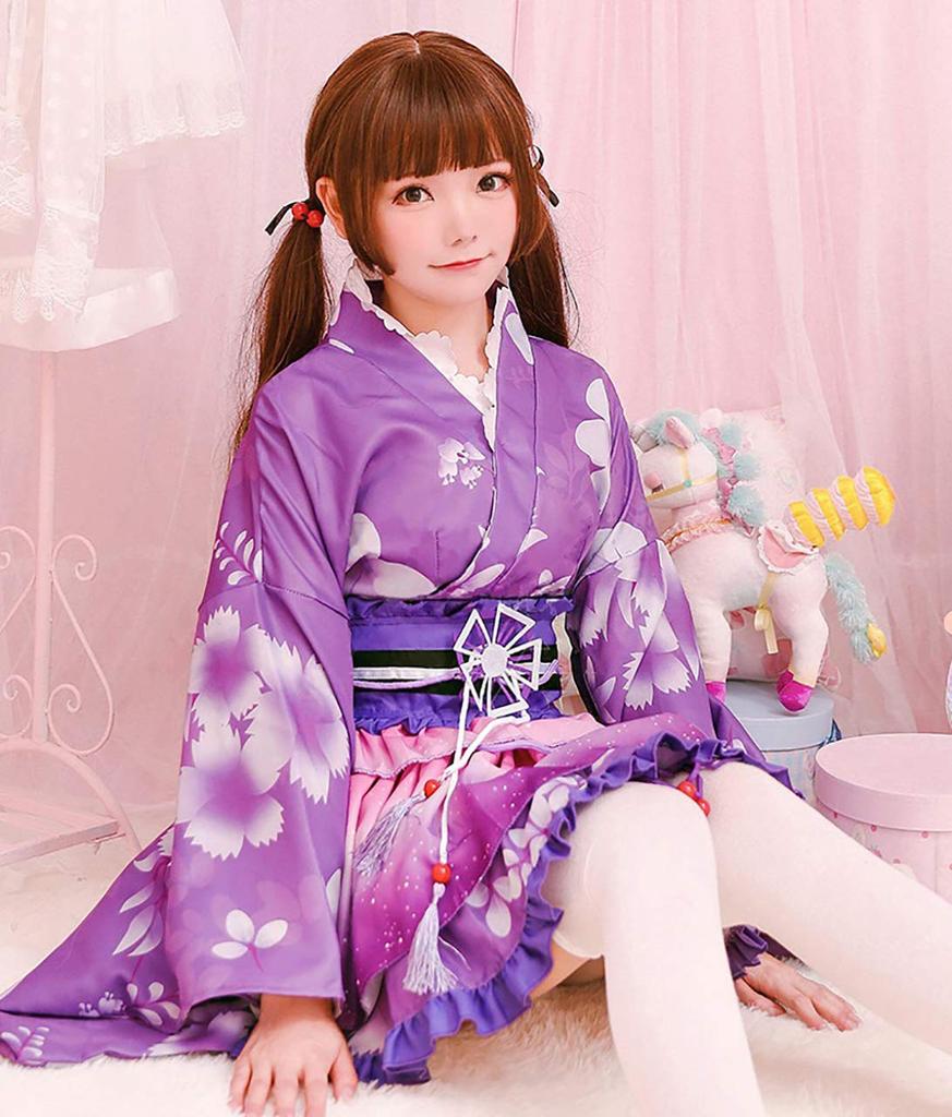 Milky Time Yukata, Japanese Style Miniskirt, Cute Cosplay Halloween Costume Set, Summer Festival, Oiran (Purple)