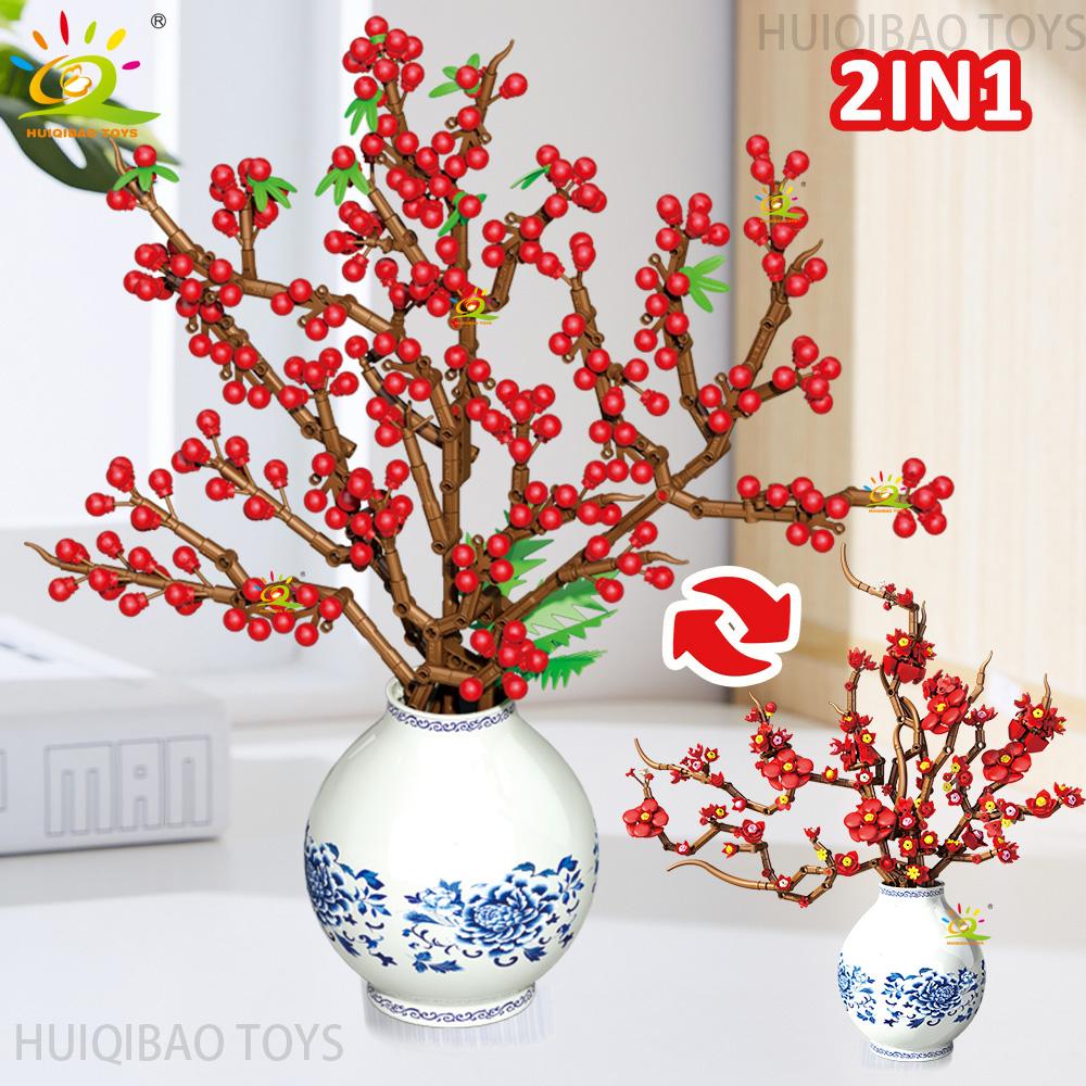 Non-Toxic 2In1 Spring Festival Plum Blossom Holly Model Building Blocks Diy Eternal Flower Desktop Decor Bricks Ornament Toys